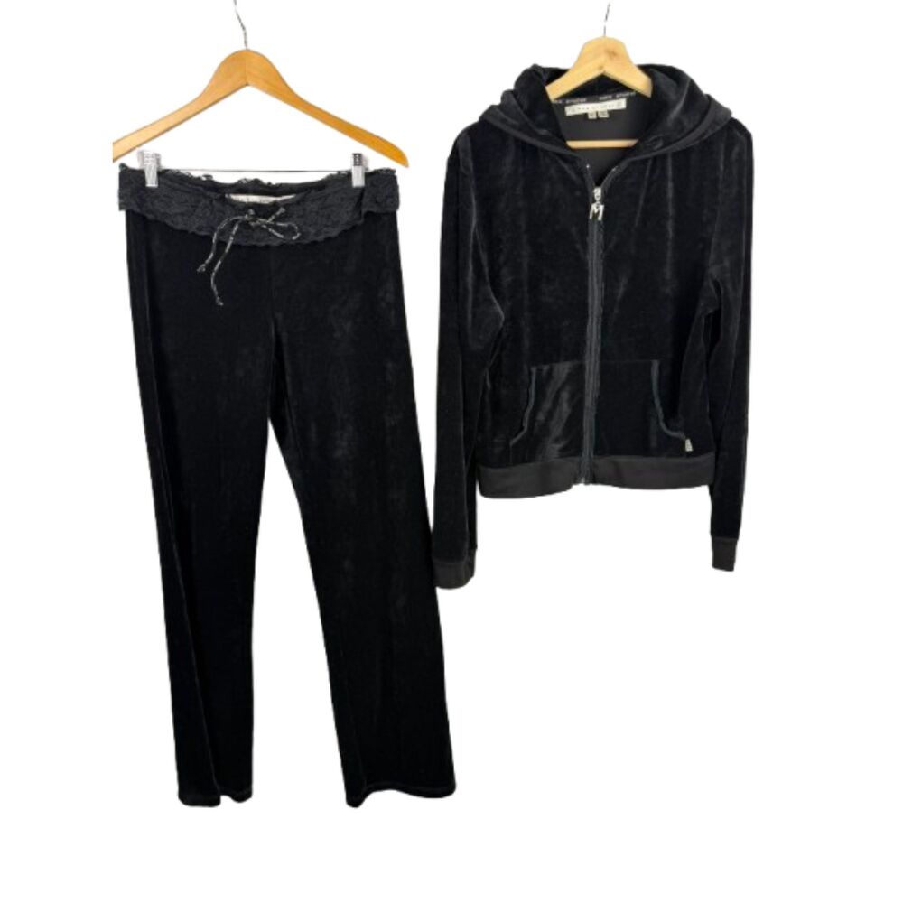 Max Studio Y2K Black Velour Lace Waist Hoodie Sweater & Pants Tracksuit Set XL